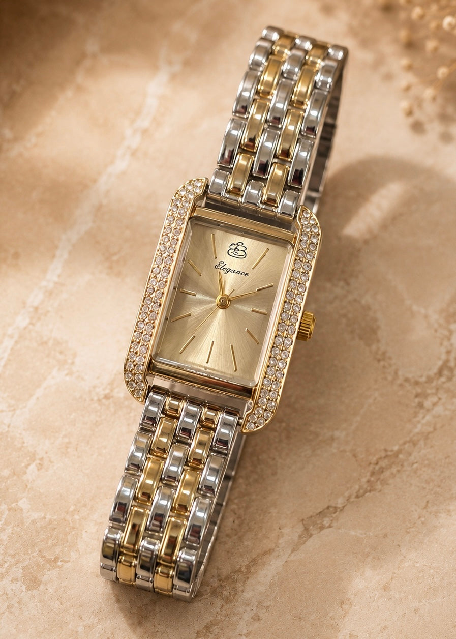 Two-Tone Rectangle Watch with Crystal Accents