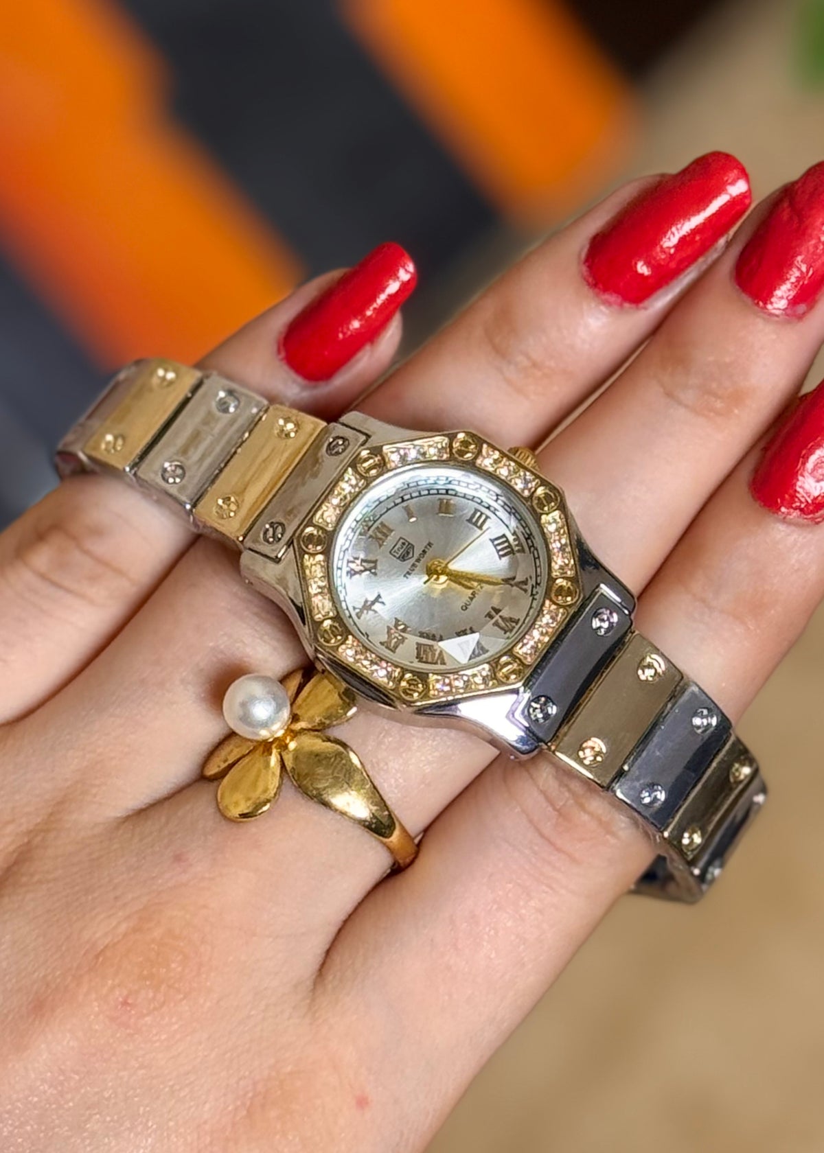 Silver-Cream Noir Crystal Octagon Women's Watch