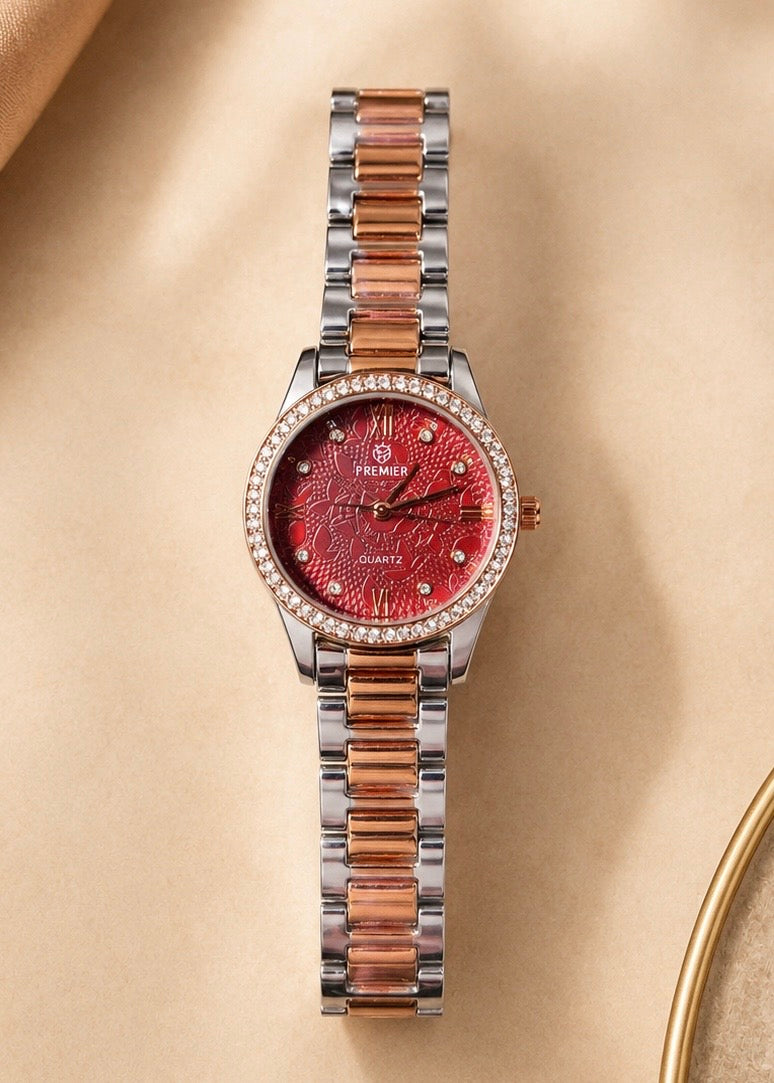 Two-Tone Crystal Watch with Red Textured Dial