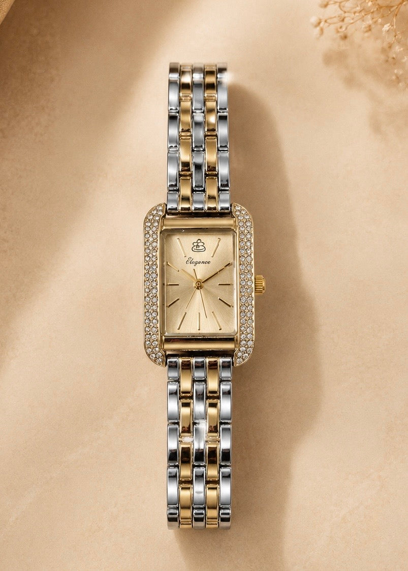 Two-Tone Rectangle Watch with Crystal Accents