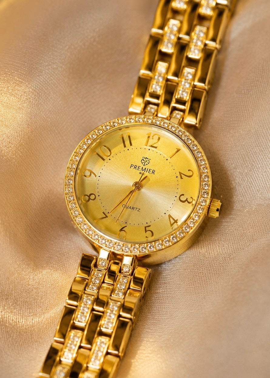Elegant Gold Watch with Crystal Bezel & Chain