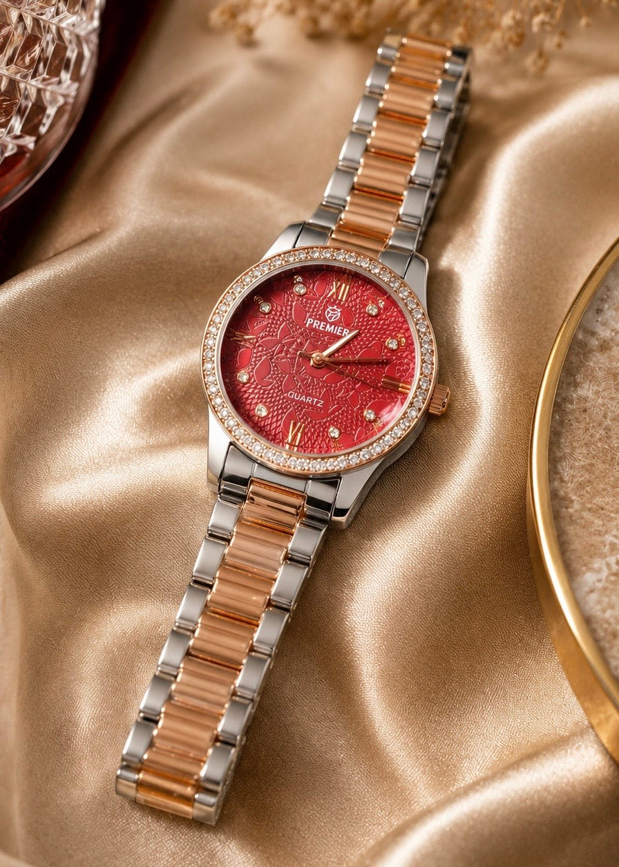 Two-Tone Crystal Watch with Red Textured Dial