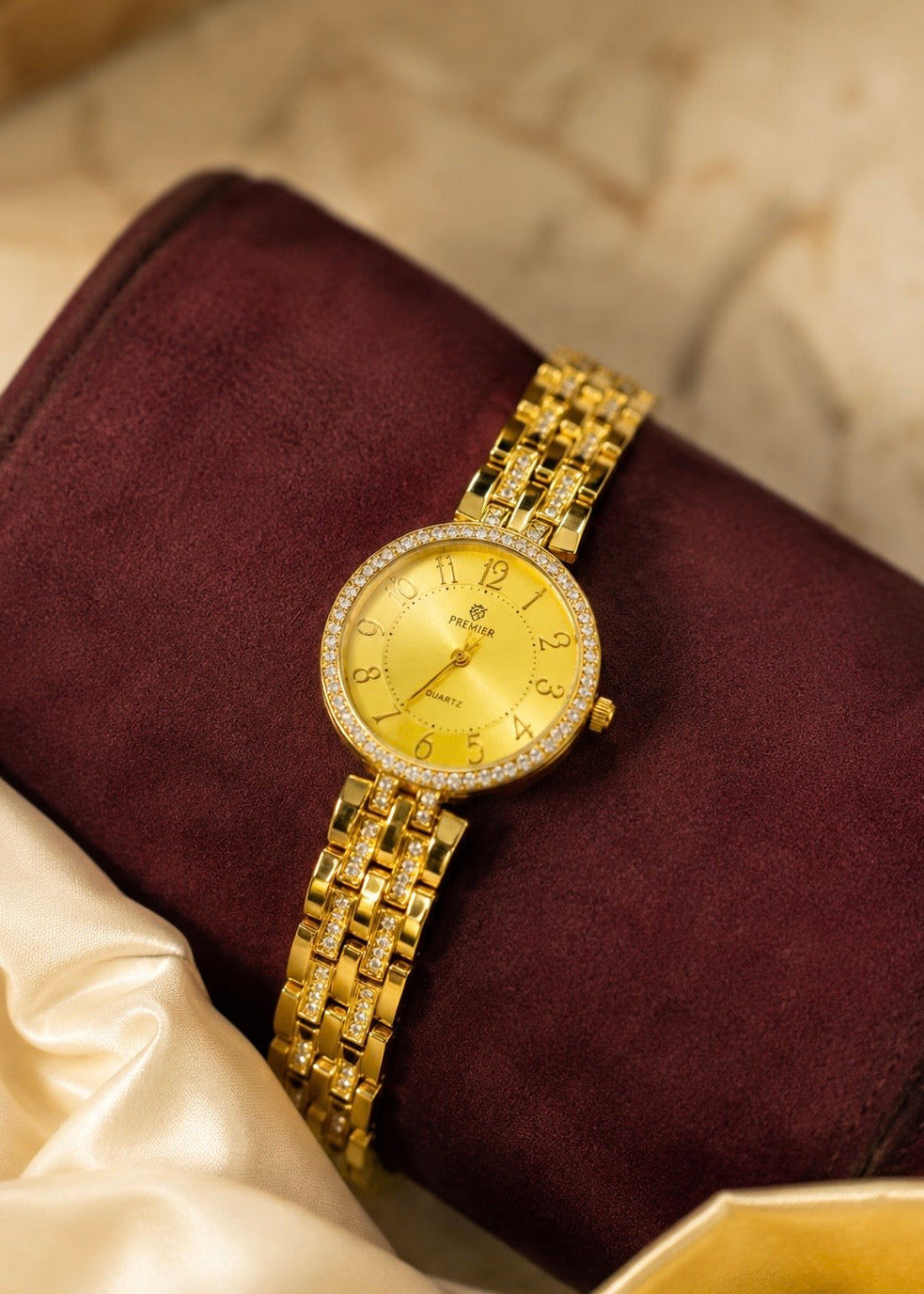 Elegant Gold Watch with Crystal Bezel & Chain