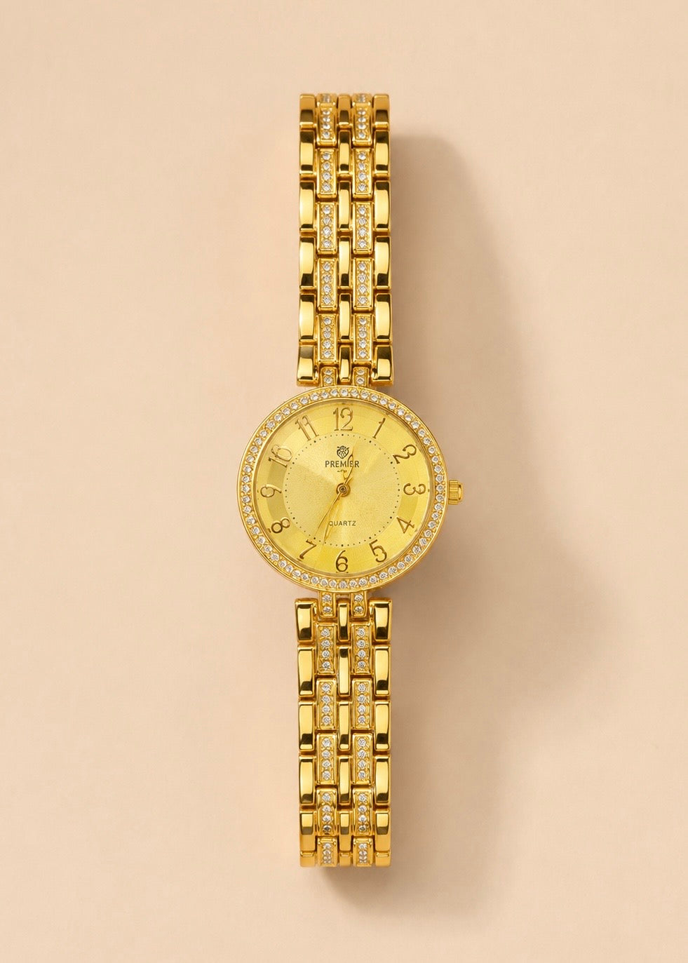 Elegant Gold Watch with Crystal Bezel & Chain